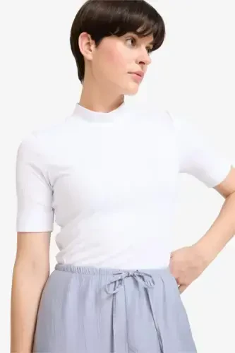 Regular Fit Yarım Balıkçı Yaka Fitilli Kaşkorse Kısa Kollu Tişört-Ekru - 1