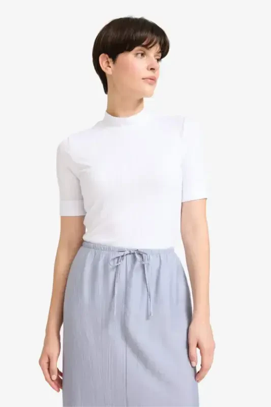 Regular Fit Yarım Balıkçı Yaka Fitilli Kaşkorse Kısa Kollu Tişört-Ekru - 5