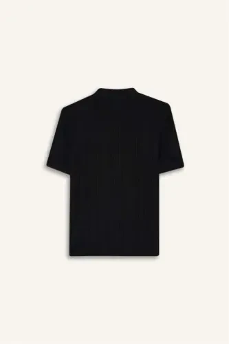 Regular Fit Yarım Balıkçı Yaka Fitilli Kaşkorse Kısa Kollu Tişört-Siyah - 9