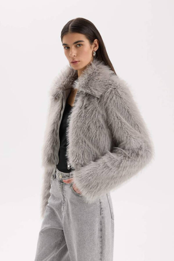 Regular Fit Zip-Up Pocket Faux Fur Teddy Jacket Coat Gray - 1