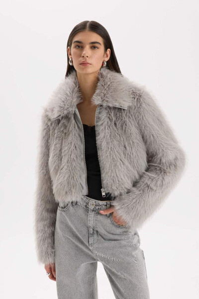 Regular Fit Zip-Up Pocket Faux Fur Teddy Jacket Coat Gray - 3