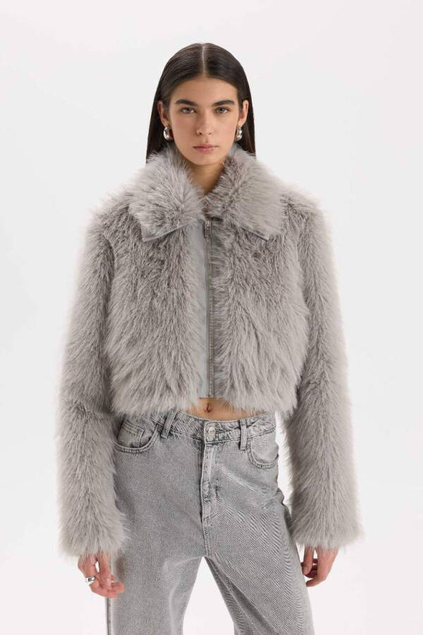 Regular Fit Zip-Up Pocket Faux Fur Teddy Jacket Coat Gray - 4