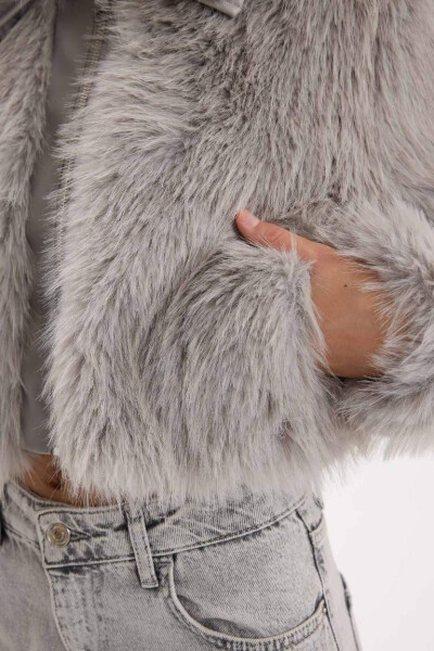 Regular Fit Zip-Up Pocket Faux Fur Teddy Jacket Coat Gray - 7