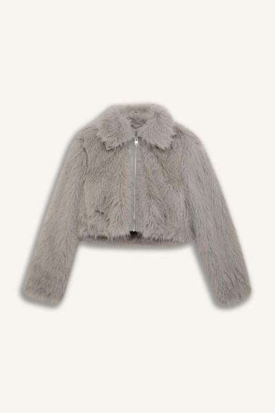 Regular Fit Zip-Up Pocket Faux Fur Teddy Jacket Coat Gray - 10