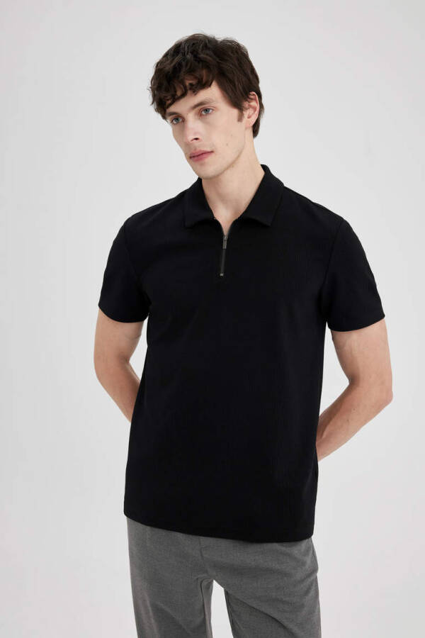 Regular Fit Zippered Collar Short Sleeve Polo Shirt Black - 1