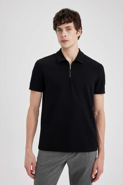 Regular Fit Zippered Collar Short Sleeve Polo Shirt Black - 3