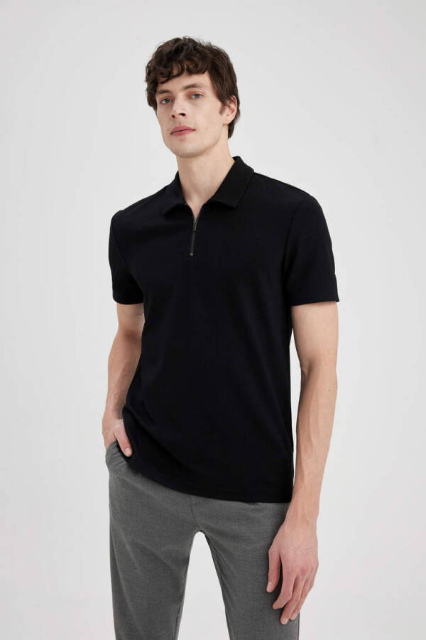 Regular Fit Zippered Collar Short Sleeve Polo Shirt Black - 4