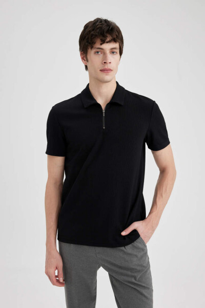 Regular Fit Zippered Collar Short Sleeve Polo Shirt Black - 5