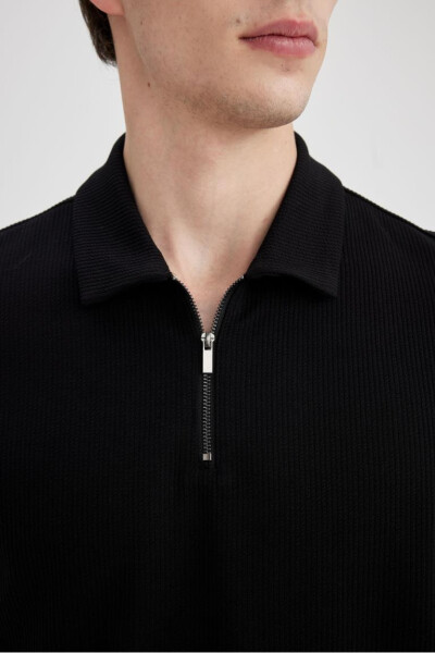 Regular Fit Zippered Collar Short Sleeve Polo Shirt Black - 6