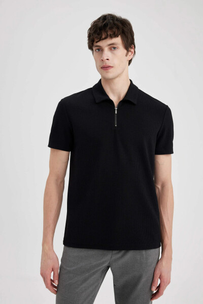 Regular Fit Zippered Collar Short Sleeve Polo Shirt Black - 10