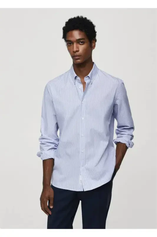 Regular Kesim Çizgili Pamuklu Gömlek-Mavi - MANGO MAN