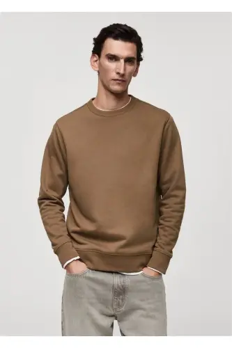 Regular kesim pamuklu sweatshirt-Orta Kahverengi 