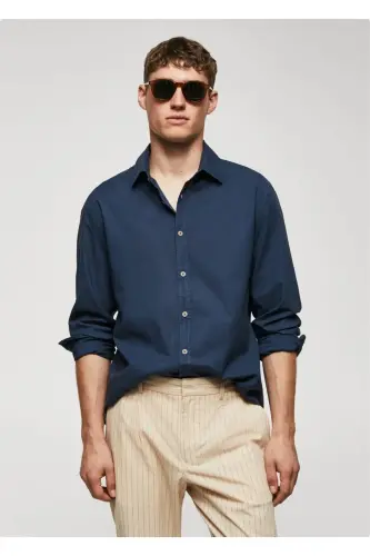 Regular Kesim Pamuklu Vual Gömlek-Lacivert - 1