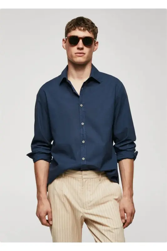 Regular Kesim Pamuklu Vual Gömlek-Lacivert - 1