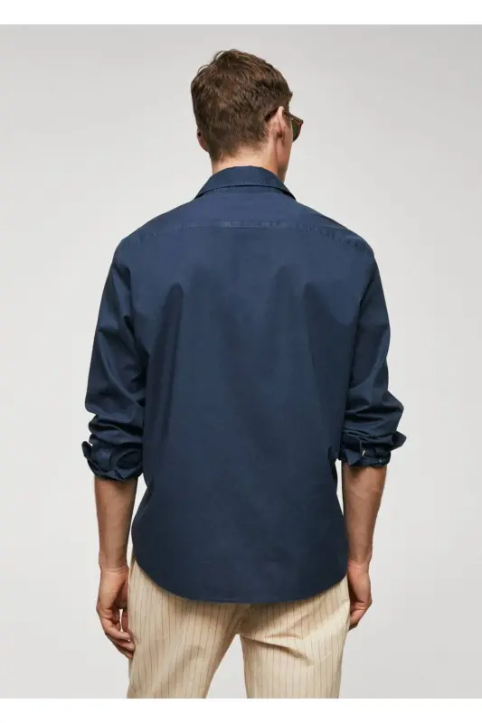 Regular Kesim Pamuklu Vual Gömlek-Lacivert - 4