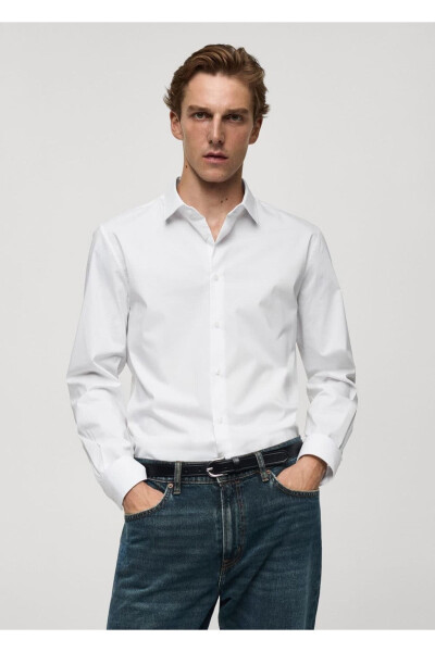 Regular kesim streç pamuklu gömlek-Beyaz 
