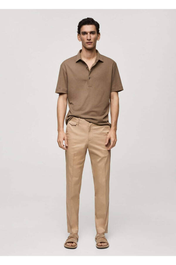 Regular kesim kalıplı pamuklu pantolon-Bej - 2