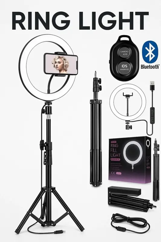 Reing To'ldiruvchi Nur Led Yorug'likli Tripod 10 Dyuyimli Halqa Youtuber Tiktok Makiyaj Nuri Oyoqli 10 Dyuyimli Tripod - VOGROUND