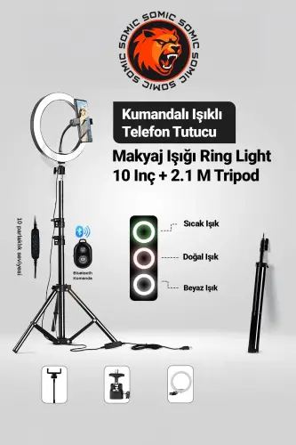 Reing To'ldiruvchi Nur Led Yorug'likli Tripod 10 Dyuyimli Halqa Youtuber Tiktok Makiyaj Nuri Oyoqli 10 Dyuyimli Tripod - 3