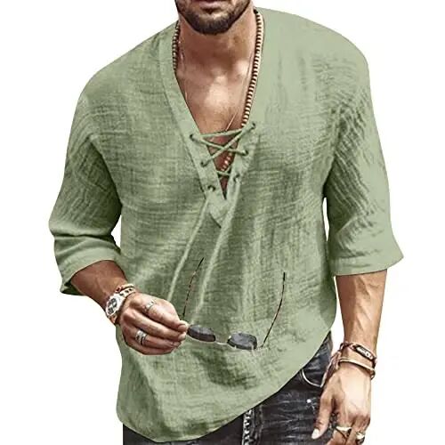 Rela Bota Men's Fashion Shirt Beach Printing Yoga African Summer Top | V-Neck Drawstring,3/5 Short Sleeve,Big and Tall,Linen Tunic,Breathable,Flowy,Hawaiian,Bohemian,Hippie,Pirate,Renaissance - RELA