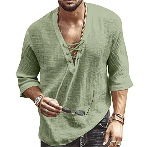 Rela Bota Men's Fashion Shirt Beach Printing Yoga African Summer Top | V-Neck Drawstring,3/5 Short Sleeve,Big and Tall,Linen Tunic,Breathable,Flowy,Hawaiian,Bohemian,Hippie,Pirate,Renaissance - 1