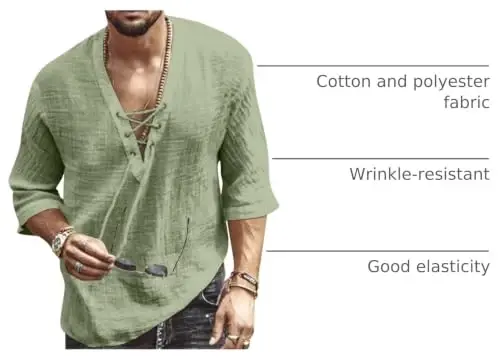Rela Bota Men's Fashion Shirt Beach Printing Yoga African Summer Top | V-Neck Drawstring,3/5 Short Sleeve,Big and Tall,Linen Tunic,Breathable,Flowy,Hawaiian,Bohemian,Hippie,Pirate,Renaissance - 4
