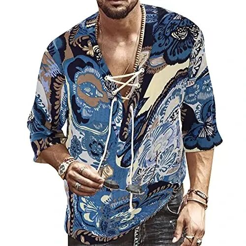 Rela Bota Men's Fashion Shirt Beach Printing Yoga African Summer Top | V-Neck Drawstring,3/5 Short Sleeve,Big and Tall,Linen Tunic,Breathable,Flowy,Hawaiian,Bohemian,Hippie,Pirate,Renaissance - RELA