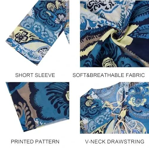 Rela Bota Men's Fashion Shirt Beach Printing Yoga African Summer Top | V-Neck Drawstring,3/5 Short Sleeve,Big and Tall,Linen Tunic,Breathable,Flowy,Hawaiian,Bohemian,Hippie,Pirate,Renaissance - RELA (1)