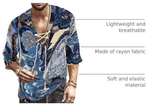 Rela Bota Men's Fashion Shirt Beach Printing Yoga African Summer Top | V-Neck Drawstring,3/5 Short Sleeve,Big and Tall,Linen Tunic,Breathable,Flowy,Hawaiian,Bohemian,Hippie,Pirate,Renaissance - 3