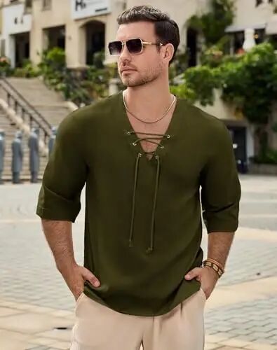 Rela Bota Men's Fashion Shirt Beach Printing Yoga African Summer Top | V-Neck Drawstring,3/5 Short Sleeve,Big and Tall,Linen Tunic,Breathable,Flowy,Hawaiian,Bohemian,Hippie,Pirate,Renaissance - RELA (1)