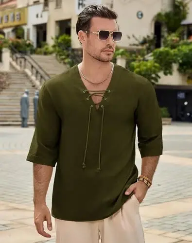 Rela Bota Men's Fashion Shirt Beach Printing Yoga African Summer Top | V-Neck Drawstring,3/5 Short Sleeve,Big and Tall,Linen Tunic,Breathable,Flowy,Hawaiian,Bohemian,Hippie,Pirate,Renaissance - 3