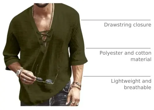 Rela Bota Men's Fashion Shirt Beach Printing Yoga African Summer Top | V-Neck Drawstring,3/5 Short Sleeve,Big and Tall,Linen Tunic,Breathable,Flowy,Hawaiian,Bohemian,Hippie,Pirate,Renaissance - 4