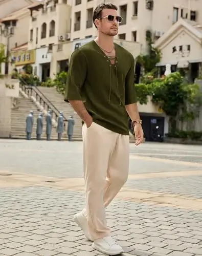 Rela Bota Men's Fashion Shirt Beach Printing Yoga African Summer Top | V-Neck Drawstring,3/5 Short Sleeve,Big and Tall,Linen Tunic,Breathable,Flowy,Hawaiian,Bohemian,Hippie,Pirate,Renaissance - 5
