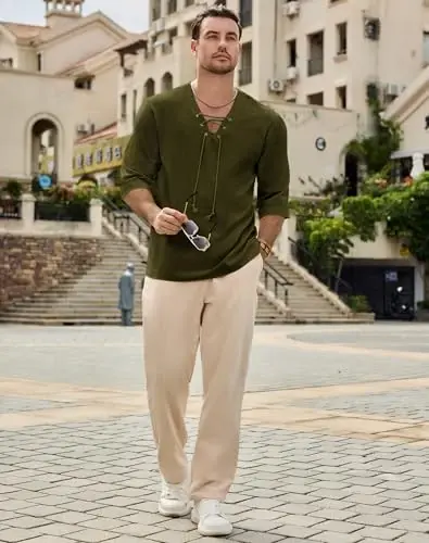 Rela Bota Men's Fashion Shirt Beach Printing Yoga African Summer Top | V-Neck Drawstring,3/5 Short Sleeve,Big and Tall,Linen Tunic,Breathable,Flowy,Hawaiian,Bohemian,Hippie,Pirate,Renaissance - 6