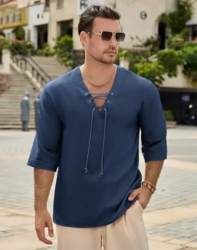 Rela Bota Men's Fashion Shirt Beach Printing Yoga African Summer Top | V-Neck Drawstring,3/5 Short Sleeve,Big and Tall,Linen Tunic,Breathable,Flowy,Hawaiian,Bohemian,Hippie,Pirate,Renaissance - RELA (1)