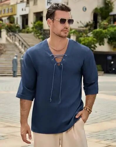 Rela Bota Men's Fashion Shirt Beach Printing Yoga African Summer Top | V-Neck Drawstring,3/5 Short Sleeve,Big and Tall,Linen Tunic,Breathable,Flowy,Hawaiian,Bohemian,Hippie,Pirate,Renaissance - RELA (1)