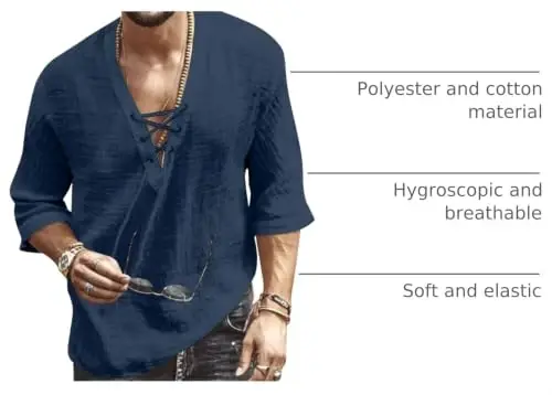 Rela Bota Men's Fashion Shirt Beach Printing Yoga African Summer Top | V-Neck Drawstring,3/5 Short Sleeve,Big and Tall,Linen Tunic,Breathable,Flowy,Hawaiian,Bohemian,Hippie,Pirate,Renaissance - 4