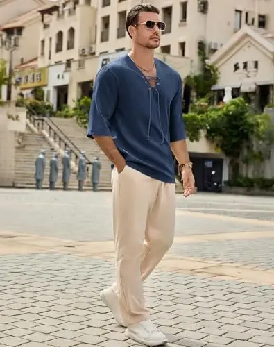 Rela Bota Men's Fashion Shirt Beach Printing Yoga African Summer Top | V-Neck Drawstring,3/5 Short Sleeve,Big and Tall,Linen Tunic,Breathable,Flowy,Hawaiian,Bohemian,Hippie,Pirate,Renaissance - 5