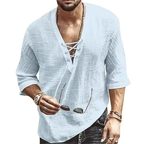 Rela Bota Men's Fashion Shirt Beach Printing Yoga African Summer Top | V-Neck Drawstring,3/5 Short Sleeve,Big and Tall,Linen Tunic,Breathable,Flowy,Hawaiian,Bohemian,Hippie,Pirate,Renaissance - RELA