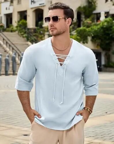 Rela Bota Men's Fashion Shirt Beach Printing Yoga African Summer Top | V-Neck Drawstring,3/5 Short Sleeve,Big and Tall,Linen Tunic,Breathable,Flowy,Hawaiian,Bohemian,Hippie,Pirate,Renaissance - RELA (1)