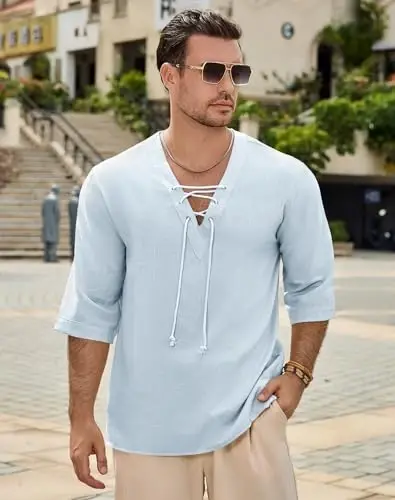Rela Bota Men's Fashion Shirt Beach Printing Yoga African Summer Top | V-Neck Drawstring,3/5 Short Sleeve,Big and Tall,Linen Tunic,Breathable,Flowy,Hawaiian,Bohemian,Hippie,Pirate,Renaissance - 3