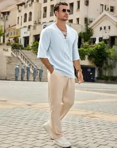Rela Bota Men's Fashion Shirt Beach Printing Yoga African Summer Top | V-Neck Drawstring,3/5 Short Sleeve,Big and Tall,Linen Tunic,Breathable,Flowy,Hawaiian,Bohemian,Hippie,Pirate,Renaissance - 5
