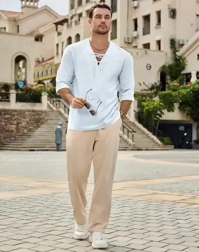 Rela Bota Men's Fashion Shirt Beach Printing Yoga African Summer Top | V-Neck Drawstring,3/5 Short Sleeve,Big and Tall,Linen Tunic,Breathable,Flowy,Hawaiian,Bohemian,Hippie,Pirate,Renaissance - 6