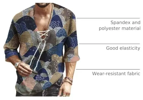 Rela Bota Men's Fashion Shirt Beach Printing Yoga African Summer Top | V-Neck Drawstring,3/5 Short Sleeve,Big and Tall,Linen Tunic,Breathable,Flowy,Hawaiian,Bohemian,Hippie,Pirate,Renaissance - 3