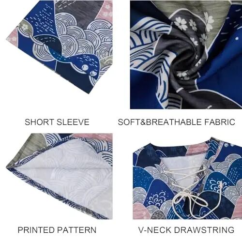 Rela Bota Men's Fashion Shirt Beach Printing Yoga African Summer Top | V-Neck Drawstring,3/5 Short Sleeve,Big and Tall,Linen Tunic,Breathable,Flowy,Hawaiian,Bohemian,Hippie,Pirate,Renaissance - RELA (1)