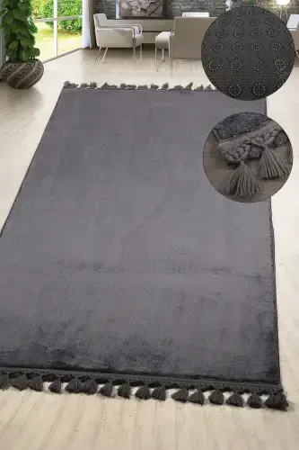 Relax Anthracite Fringed Stain-Resistant Non-Slip Washable Runner Long Pile Plush Post Modern Carpet-Anthracite - 1