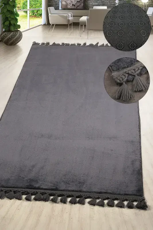 Relax Antrasit Saçaklı Leke Tutmaz Kaymaz Taban Yıkanabilir Yolluk Uzun Tüylü Peluş Post Modern Halı-Antrasit - 1