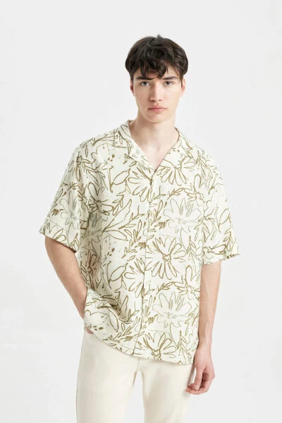 Relax Fit Apache Collar Patterned Viscose Short Sleeve Shirt Beige - Defacto