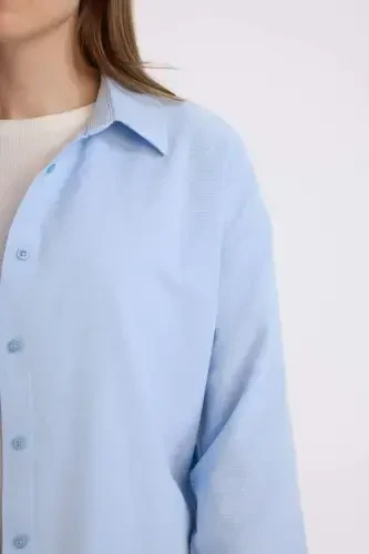 Relax Fit Basic Düz Oxford Uzun Kollu Tesettür Gömlek Tunik-Mavi - 4