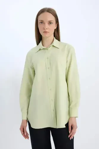 Relax Fit Basic Düz Poplin Uzun Kollu Gömlek Tunik-Açık Yeşil - 1